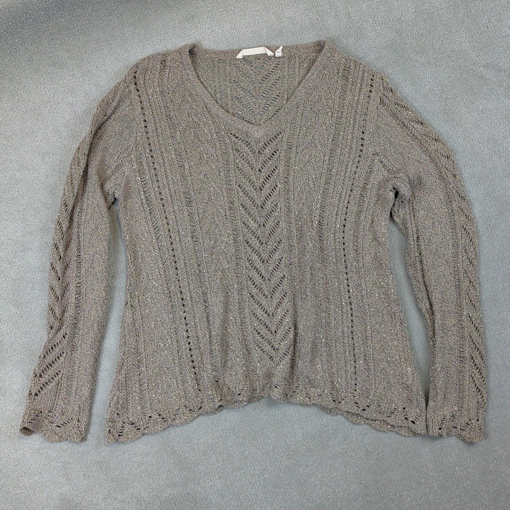 Soft Surroundings Sweater Womens XL Mauve Gold Metallic Pointelle V-Neck Knit
